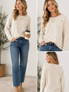 J. Crew Cream Merino Wool Blend Polka Dot Sweater Gold Lightweight Knit~XL💚🎀